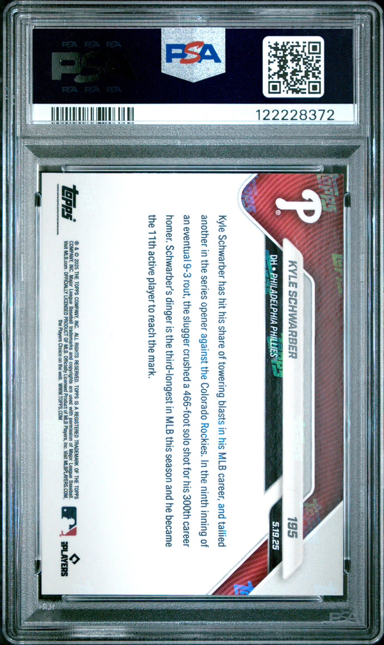 Graded 2025 Topps Now Kyle Schwarber #195 Orange Foil /25 Baseball Card PSA 9 Mint