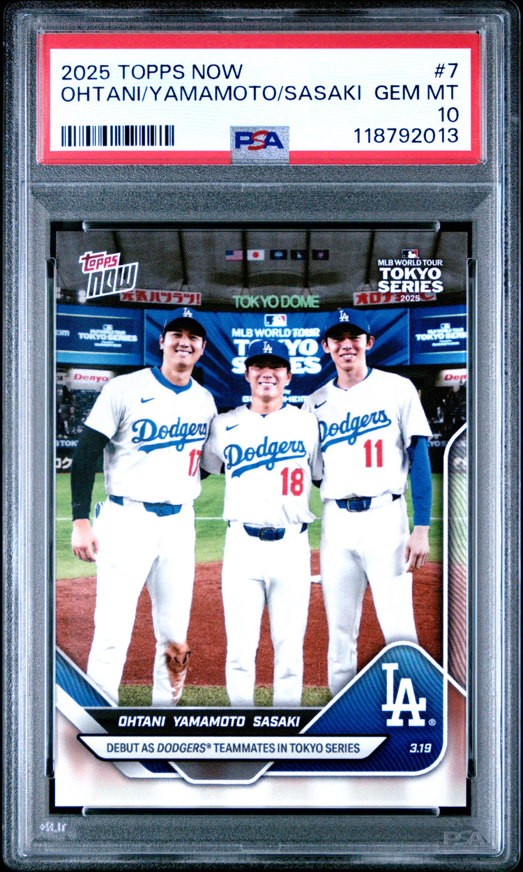 Graded 2025 Topps Now Shohei Ohtani/Yoshinobu Yamamoto/Roki Sasaki #7 Baseball Card PSA 10 Gem Mint
