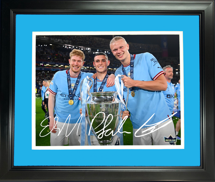 Framed Erling Haaland, Kevin De Bruyne & Phil Foden Facsimile Laser Engraved Signature Auto Manchester City 11"x14" Soccer Photo HOFSM Holo
