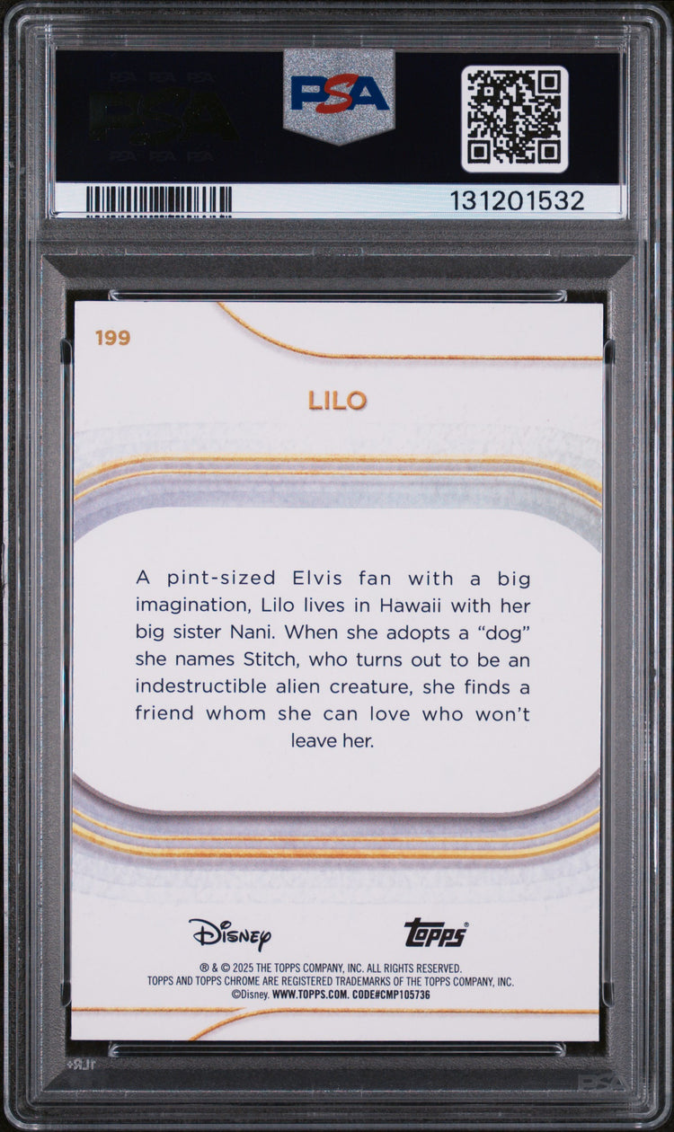 Graded 2025 Topps Chrome Disney Lilo #199 Yellow Refractor #/275 Lilo & Stitch Trading Card PSA 10 Gem Mint