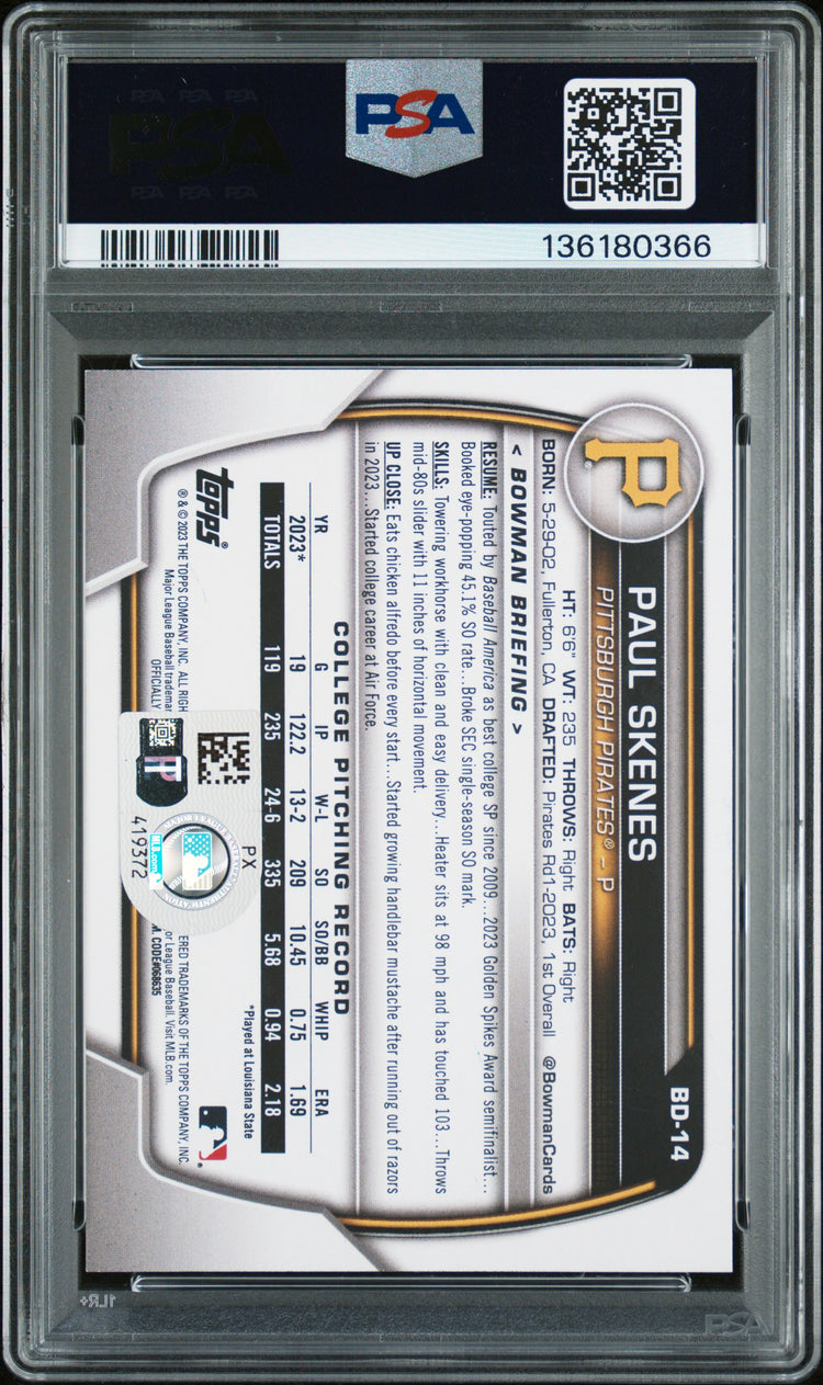 Graded 2023 Topps Bowman Draft Paul Skenes #BD14 Rookie RC Baseball Card PSA Authentic Auto