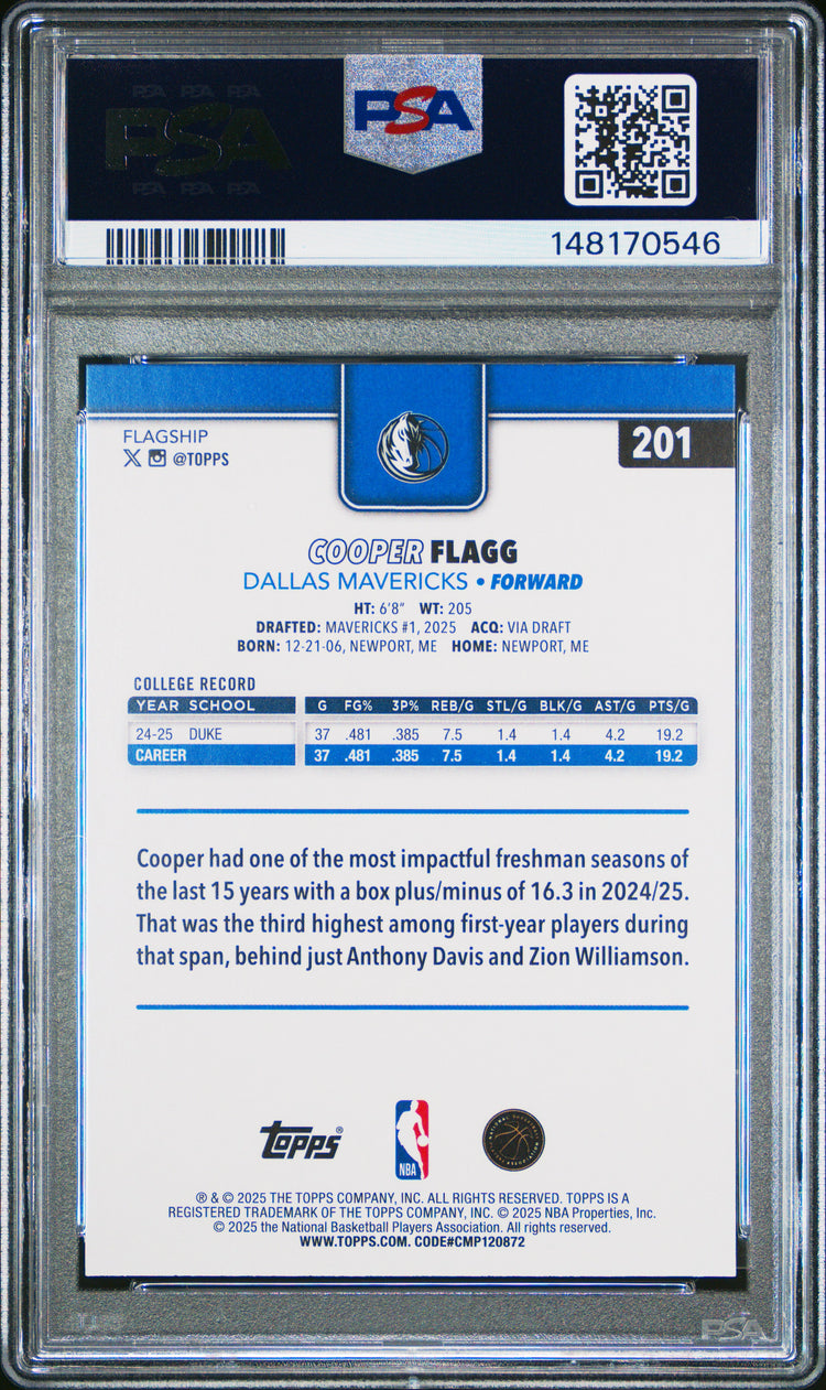 Graded 2025 Topps Cooper Flagg #201 Rookie RC Basketball Card PSA 10 Gem Mint