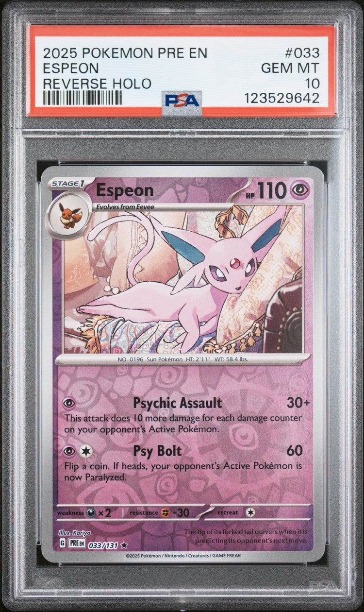 Graded 2025 PKM PRE EN Espeon #033 Reverse Holo Prismatic Evolutions Trading Card Game PSA 10 Gem Mint