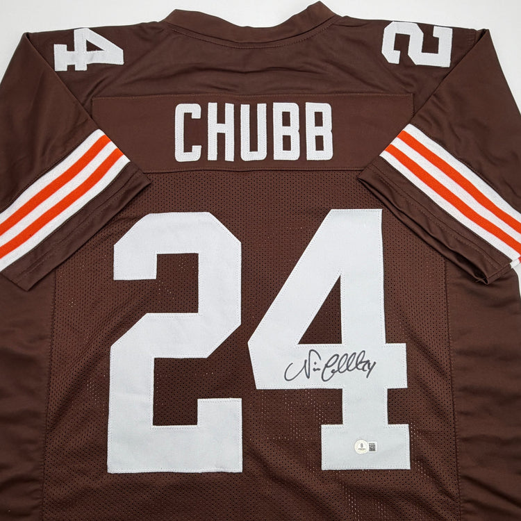 Autographed/Signed Nick Chubb Cleveland Brown Football Jersey Beckett BAS COA