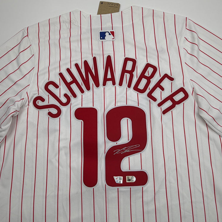 Autographed/Signed Kyle Schwarber Philadelphia Phillies Pinstripe Authentic Baseball Jersey Fanatics & MLB COA