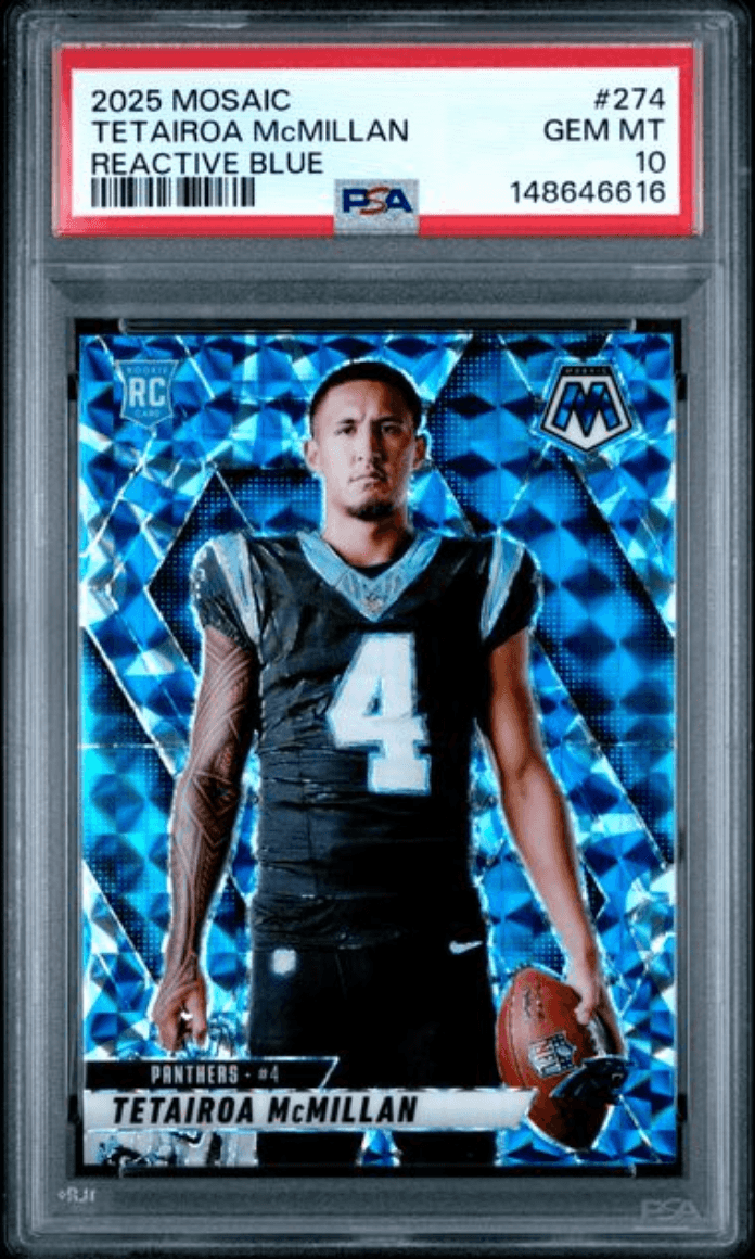 Graded 2025 Panini Mosaic Tetairoa McMillan #274 Reactive Blue Rookie RC Football Card PSA 10 Gem Mint