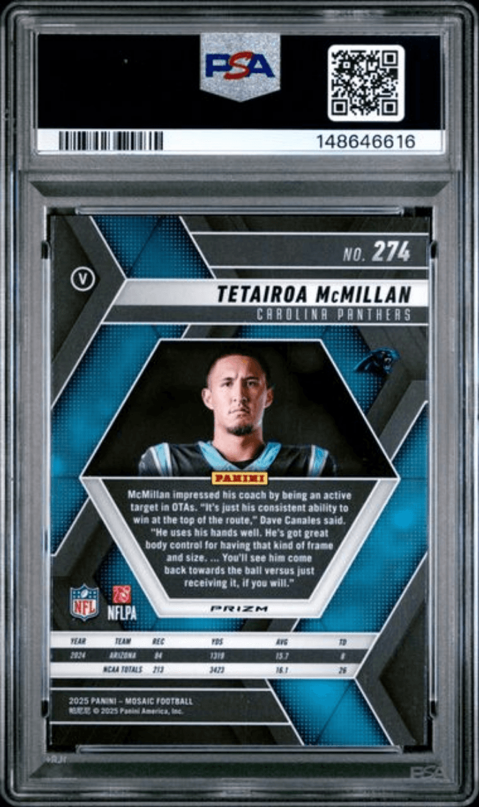 Graded 2025 Panini Mosaic Tetairoa McMillan #274 Reactive Blue Rookie RC Football Card PSA 10 Gem Mint