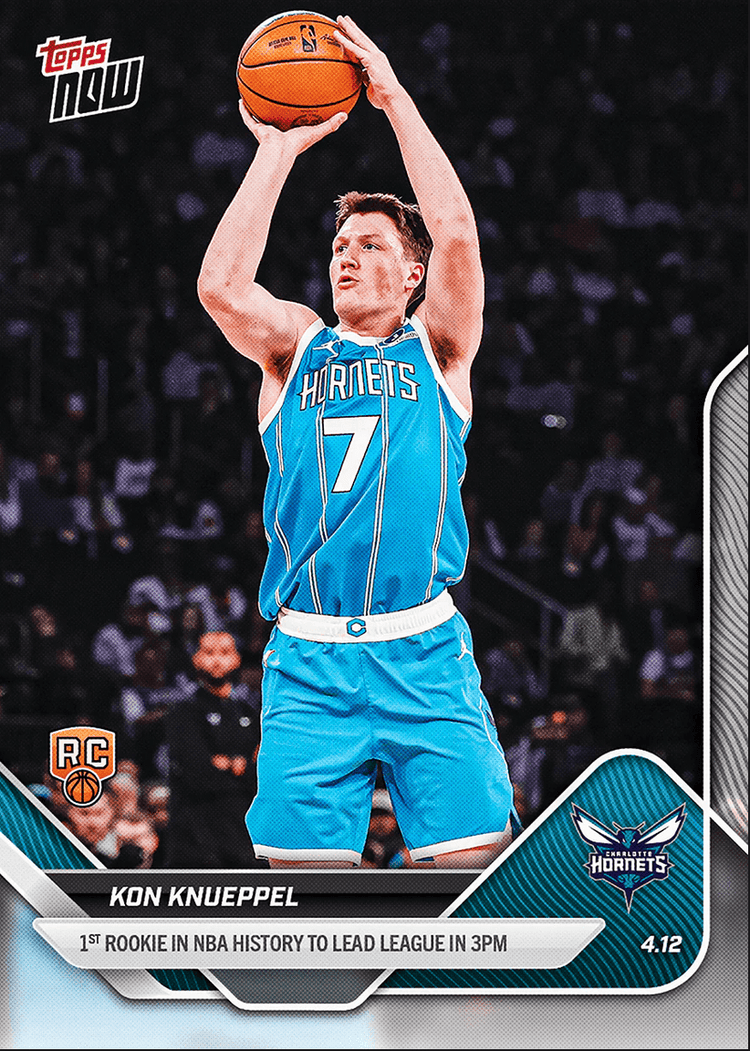 2025 Topps Now Kon Knueppel #252 1st Rookie in NBA History to Lead League in 3PM Charlotte Hornets Rookie RC Basketball Card