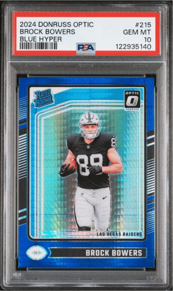 Graded 2024 Panini Donruss Optic Brock Bowers #215 Blue Hyper Rookie RC Football Card PSA 10 Gem Mint