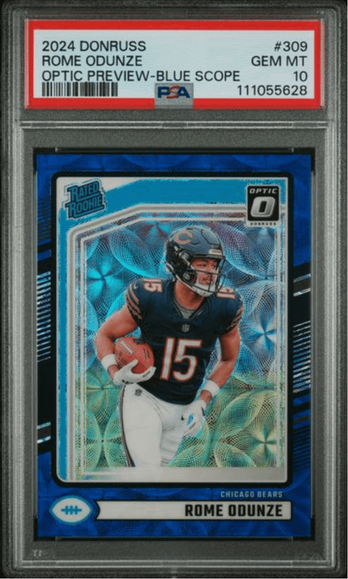 Graded 2024 Panini Donruss Rome Odunze #309 Optic Preview Blue Scope Rookie RC Football Card PSA 10 Gem Mint
