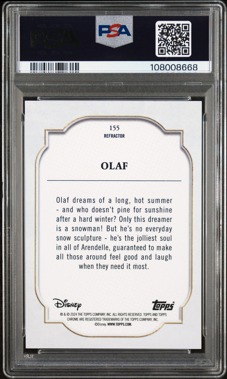 Graded 2024 Topps Chrome Disney Olaf #155 Refractor Frozen Trading Card PSA 10 Gem Mint