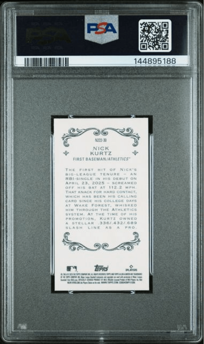 Graded 2025 Topps Allen & Ginter Nick Kurtz #30 1889 N222 Rookie RC Baseball Card PSA 10 Gem Mint