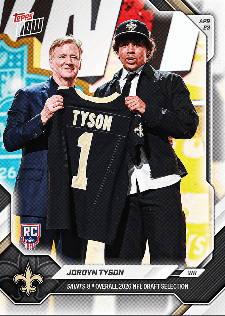 2026 Topps Now Jordan Tyson #JTYS Saints 8th Overall 2026 NFL Draft Selection New Orleans Saints Rookie RC Football Card