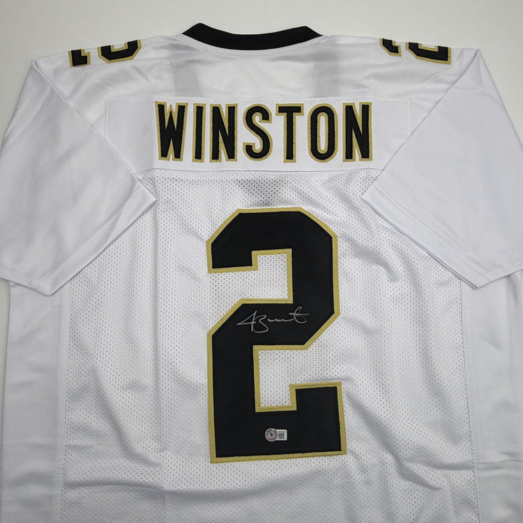Autographed/Signed Jameis Winston New Orleans White Football Jersey Beckett BAS COA