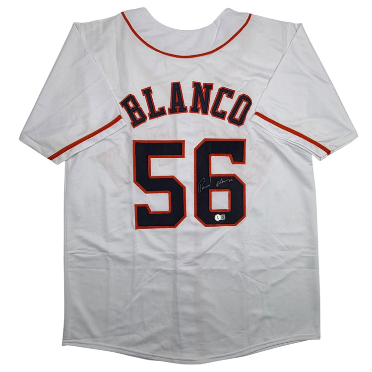 Autographed/Signed Ronel Blanco Houston White Baseball Jersey Beckett BAS COA