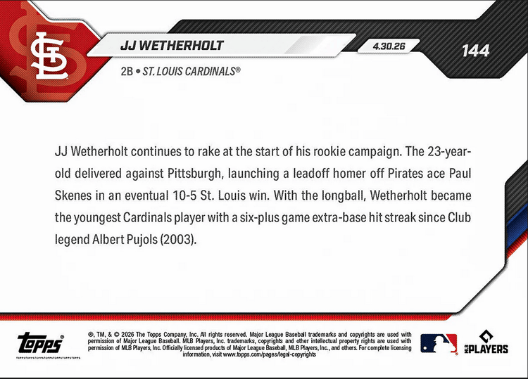 2026 Topps Now JJ Wetherholt #144 Leadoff Blast Cements Cardinals XBH Lore St Louis Cardinals Rookie RC Baseball Card