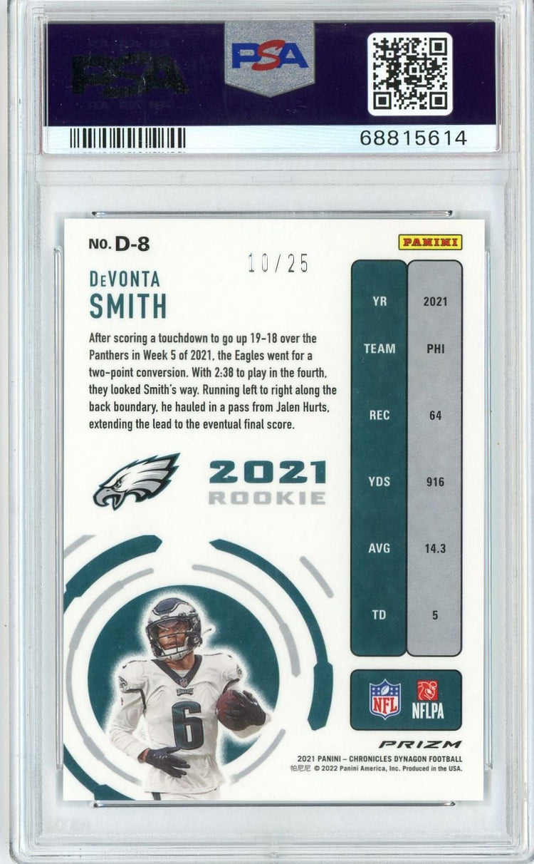 Graded 2021 Panini Chronicles Devonta Smith #D8 Dynagon Rookies Blue /25 Rookie RC Football Card PSA 10 Gem Mint