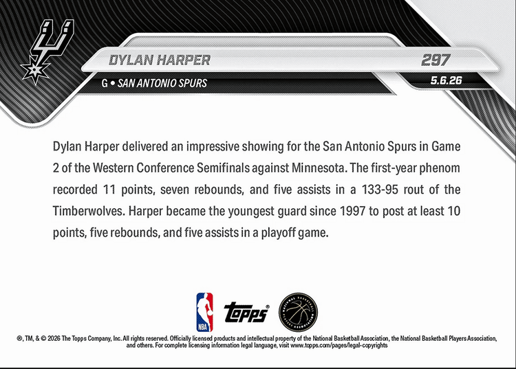 2025 Topps Now Dylan Harper #297 Rookie Shines in 38 Point Triumph As Spurs Even Series San Antonio Spurs Rookie RC Basketball Card