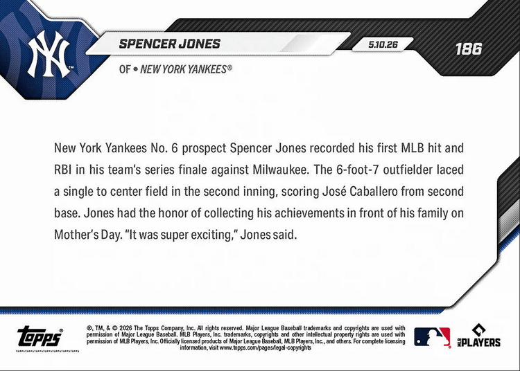 2026 Topps Now Spencer Jones #186 Yankees Number 6 Prospect Logs 1st MLB Hit and RBI New York Yankees Rookie RC Baseball Card