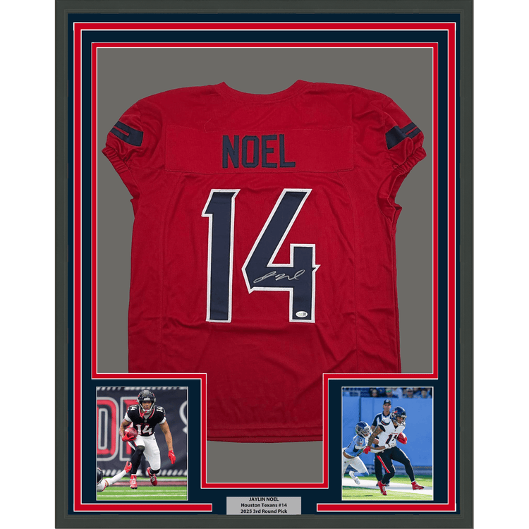 Framed Autographed/Signed Jaylin Noel 35x39 Houston Red Pro Cut Football Jersey JSA COA