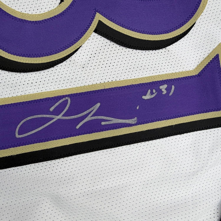 Framed Autographed/Signed Jamal Lewis 35x39 Baltimore White Football Jersey Beckett BAS COA