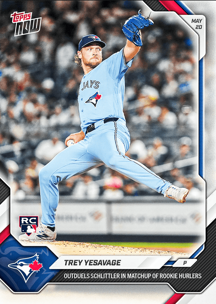 2026 Topps Now Trey Yesavage #225 Outduels Schlittler in Match Up of Rookie Hurlers Toronto Blue Jays Rookie RC Baseball Card
