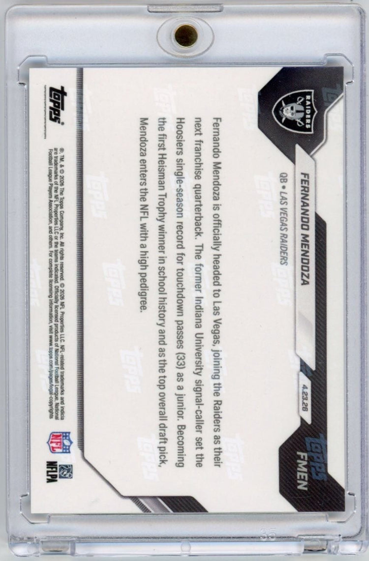 2026 Topps Now Fernando Mendoza #FMEN Black Chrome /10 Raiders 1st Overall 2026 NFL Draft Selection Las Vegas Raiders Rookie RC Football Card