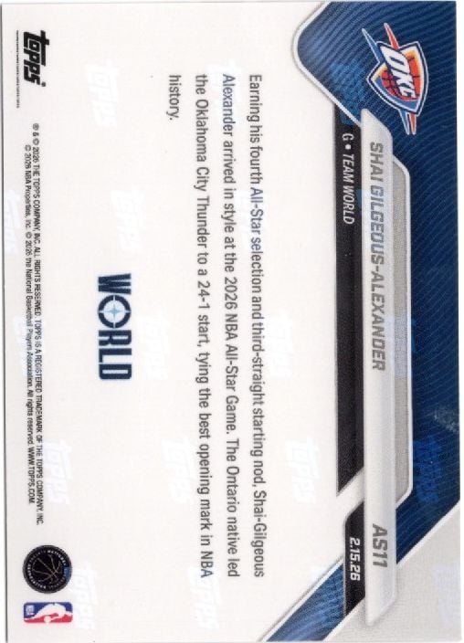 2025 Topps Now Shai Gilgeous-Alexander #AS11 2026 NBA All Star 4th Selection Oklahoma City Thunder Basketball Card