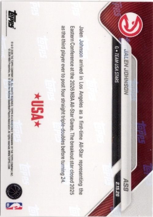 2025 Topps Now Jalen Johnson #AS9 2026 NBA All Star 1st Selection Atlanta Hawks Basketball Card