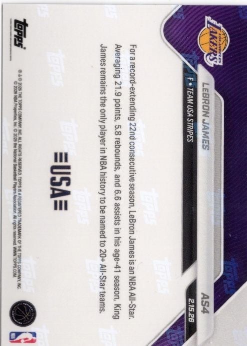 2025 Topps Now LeBron James #AS4 2026 NBA All Star 22nd Selection Los Angeles Lakers Basketball Card