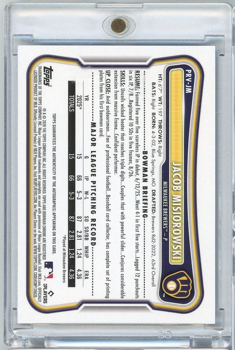 2026 Topps Bowman Jacob Misiorowski #PRVJM /150 Blue Auto Rookie RC Baseball Card
