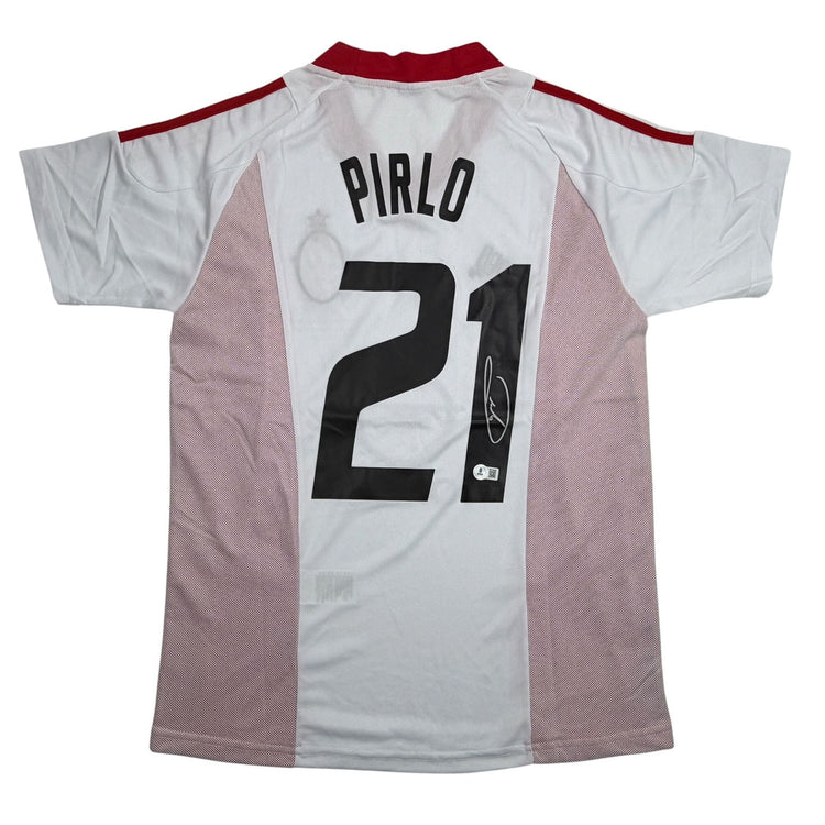 Autographed/Signed Andrea Pirlo AC Milan White Soccer Futbol Jersey Beckett BAS COA