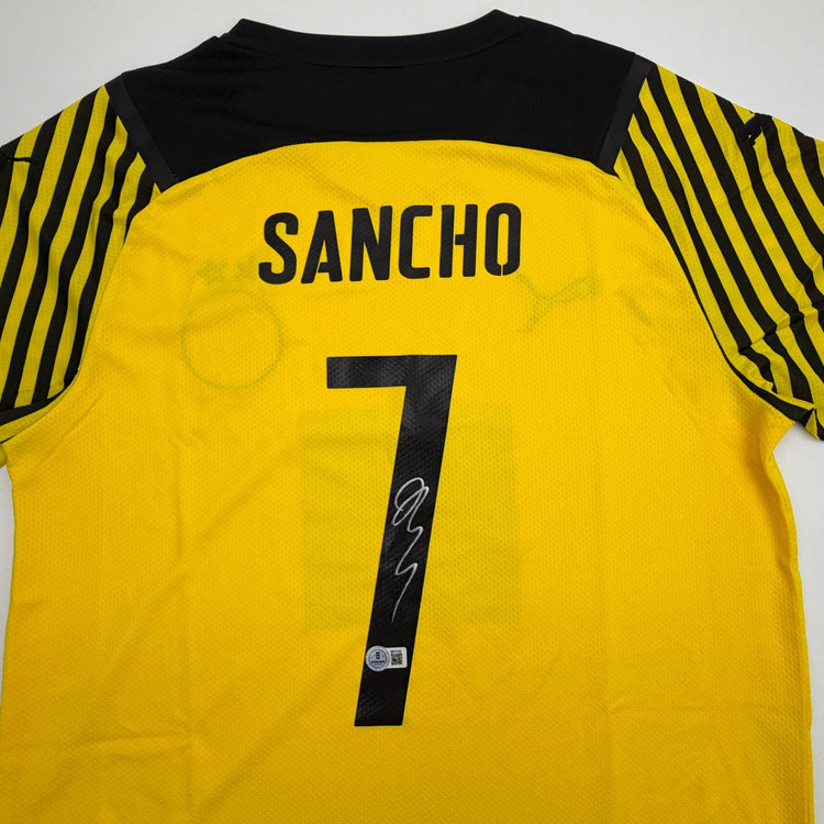 Autographed/Signed Jadon Sancho Borussia Dortmund Yellow Soccer Futbol Jersey Beckett BAS COA