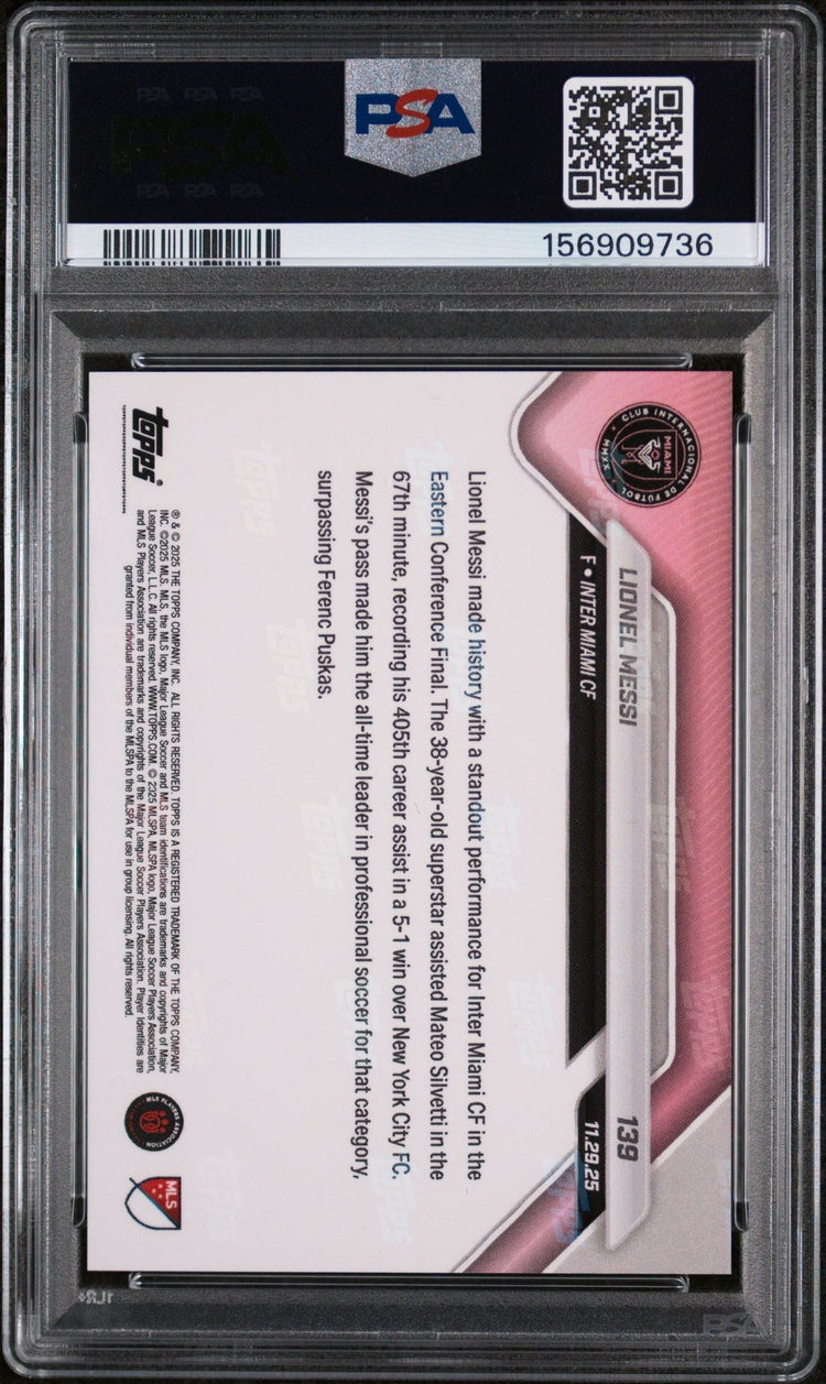 Graded 2025 Topps Now MLS Lionel Messi #139 New World Assists Record Soccer Card PSA 10 Gem Mint