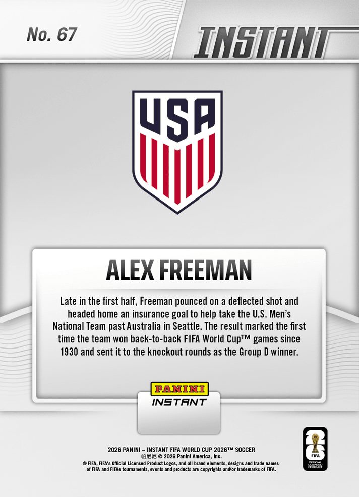 2026 Panini Instant FIFA World Cup Alex Freeman #67 USMNT Aces Group Project, Advances USA Rookie RC Soccer Card