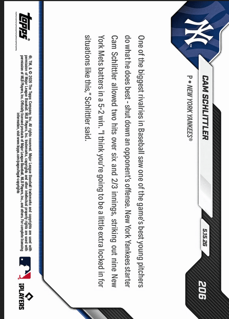 2026 Topps Now Cam Schlittler #206 Orange Foil /25 Dazzles with 9Ks in Winning Subway Series Debut New York Yankees Rookie RC Baseball Card