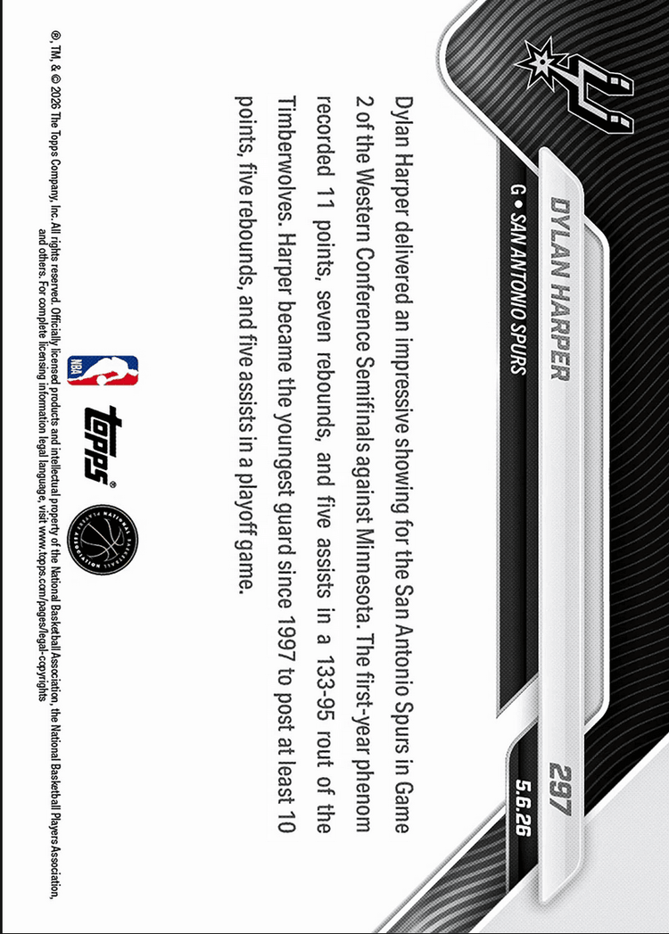 2025 Topps Now Dylan Harper #297 Rookie Shines in 38 Point Triumph As Spurs Even Series San Antonio Spurs Rookie RC Basketball Card