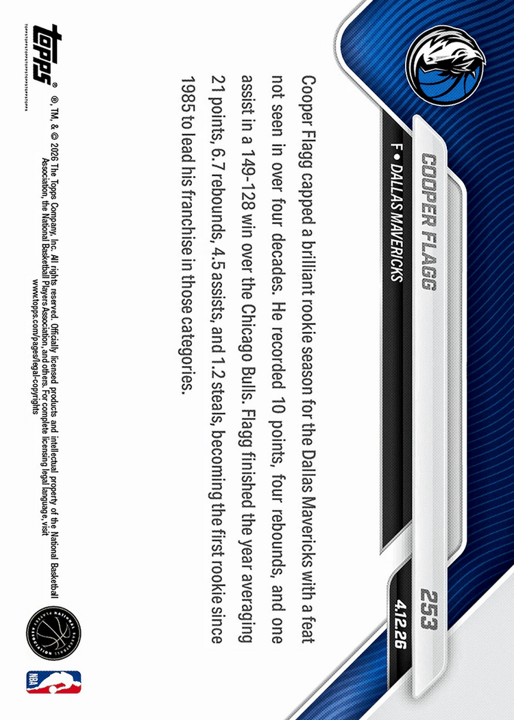 2025 Topps Now Cooper Flagg #253 1st Rookie Since '85 to Lead Team in Pts/Reb/Ast/Stl Dallas Mavericks Rookie RC Basketball Card