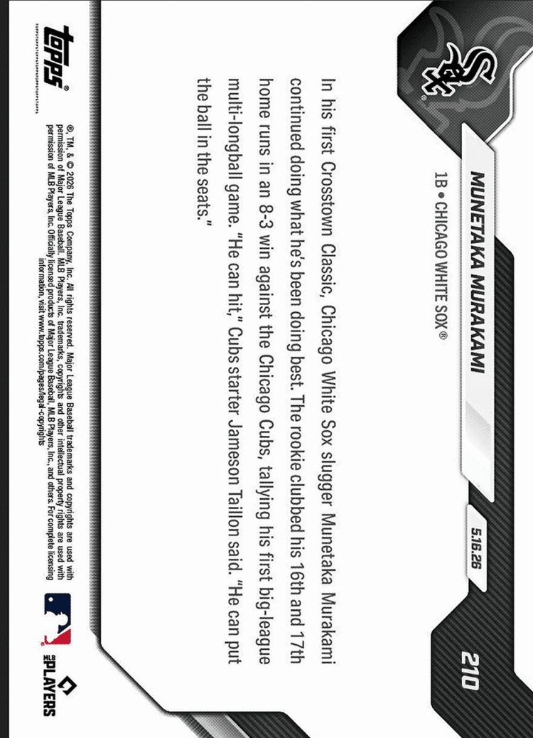 2026 Topps Now Munetaka Murakami #210SP 1st Multi Home Run Game Comes in Rivalry Victory Chicago White Sox Rookie RC Baseball Card