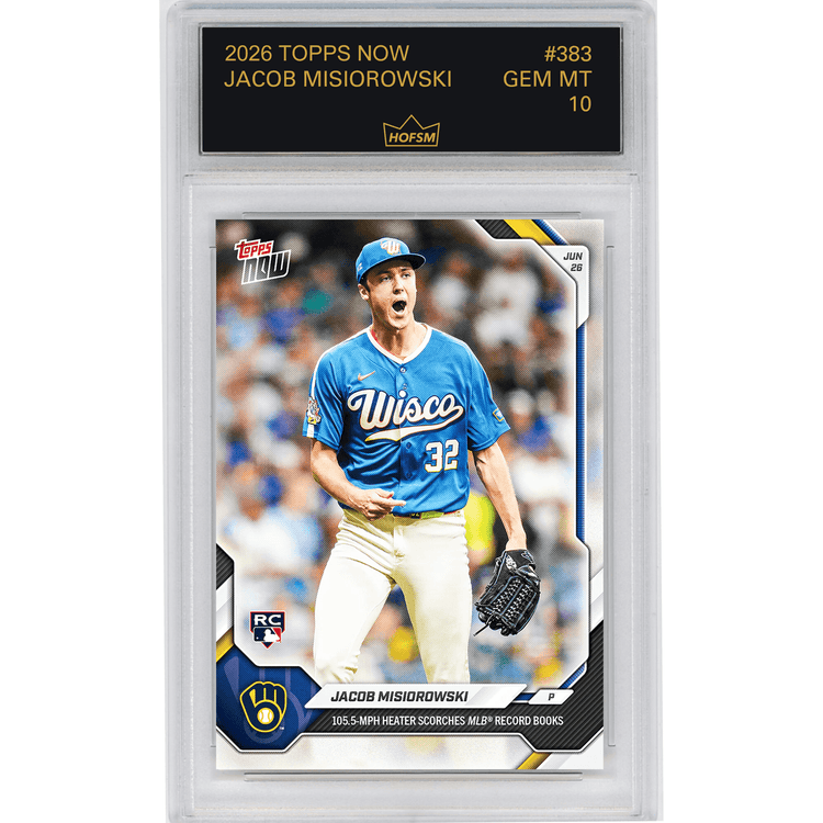 Graded 2026 Topps Now Jacob Misiorowski #383 105.5MPH Heater Scorches MLB Record Books Milwaukee Brewers Rookie RC Baseball Card HOFSM 10 Gem Mint