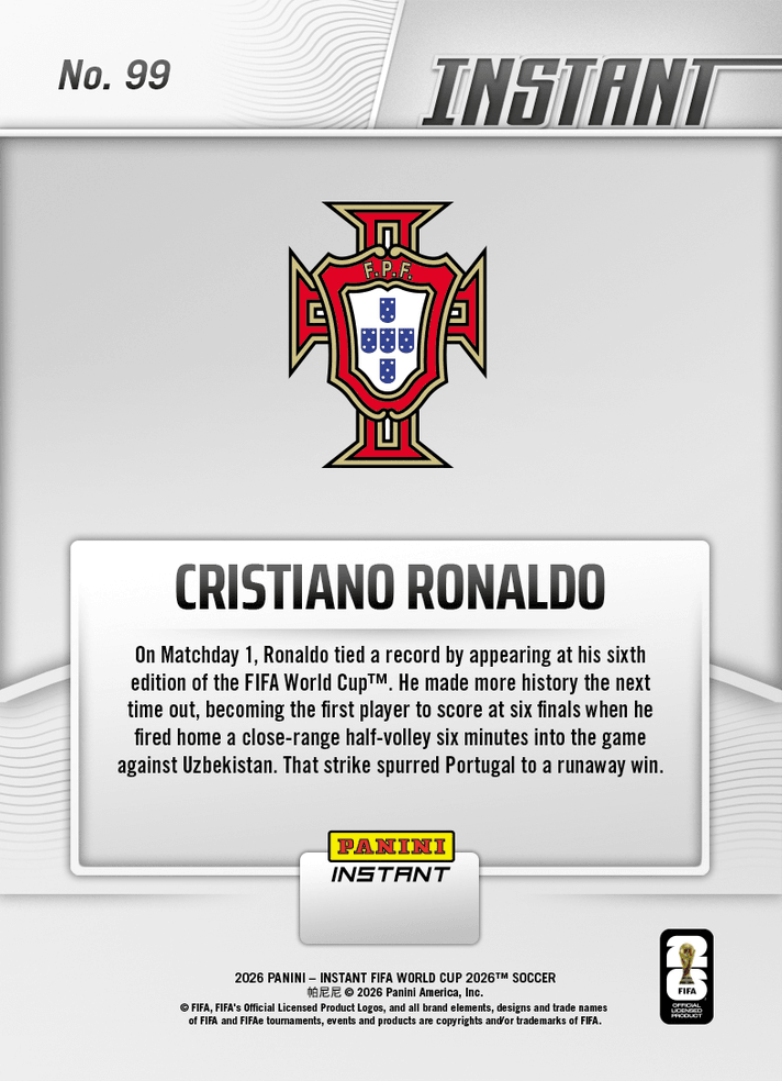 2026 Panini Instant FIFA World Cup Cristiano Ronaldo #99 SIIIIUUUU! CR7 First to Score at Six World Cups Portugal Soccer Card