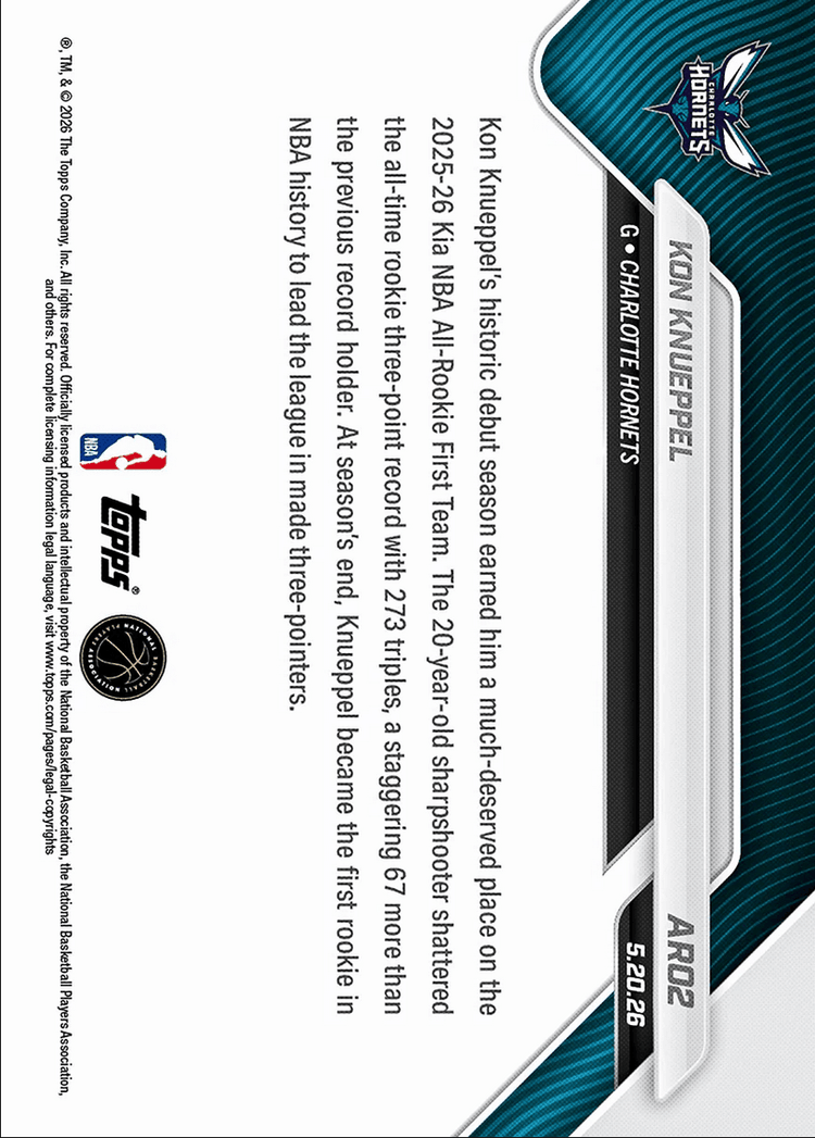 2025 Topps Now Kon Knueppel #AR02 2025-26 KIA NBA All Rookie First Team Selection Charlotte Hornets Rookie RC Basketball Card