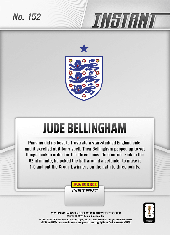 2026 Panini Instant FIFA World Cup Jude Bellingham #152 Bellingham Kick Starts Closing Run England Soccer Card