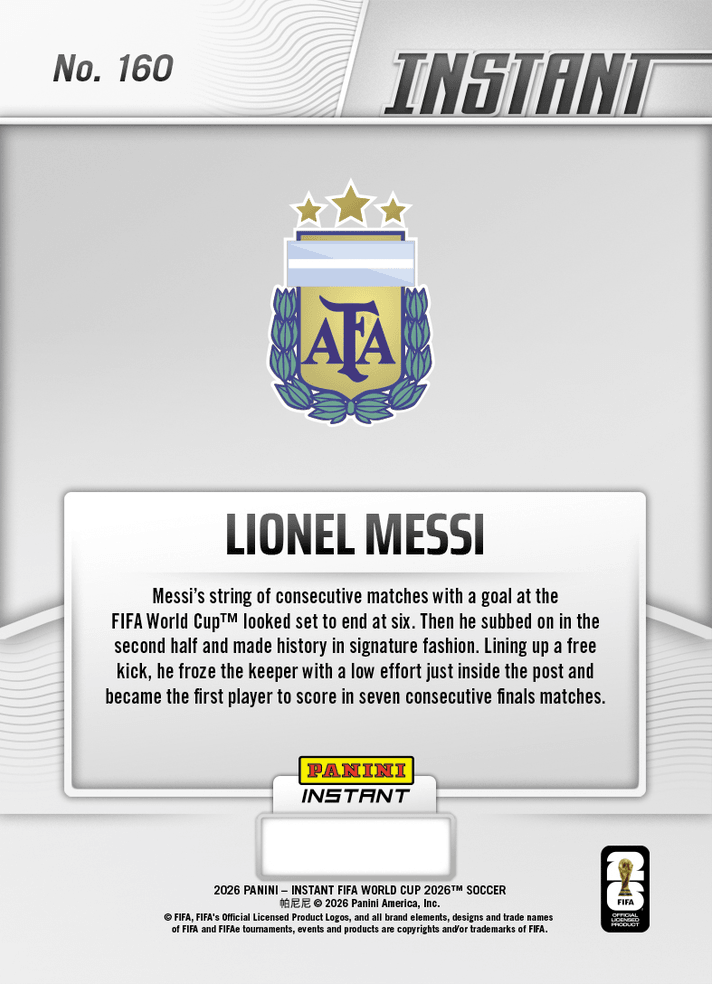 2026 Panini Instant FIFA World Cup Lionel Messi #160 More History For Marvelous Messi Argentina Soccer Card