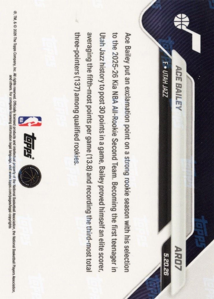 2025 Topps Now Ace Bailey #ARO7 Red Foil /5 2025-26 KIA NBA All Rookie Second Team Selection Utah Jazz Rookie RC Basketball Card