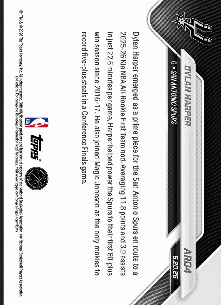2025 Topps Now Dylan Harper #AR04 Gold Foil /50 2025-26 KIA NBA All Rookie First Team Selection San Antonio Spurs Rookie RC Basketball Card