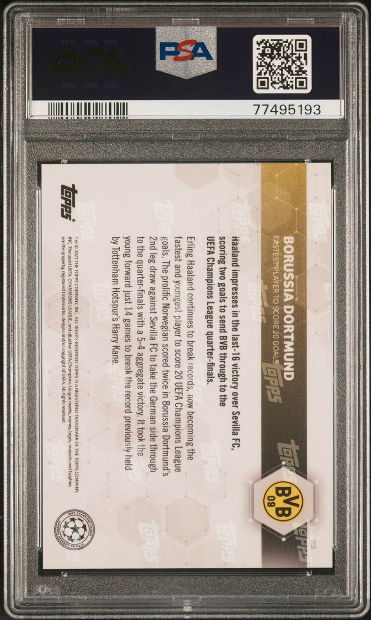 Graded 2020 Topps Now UCL Erling Haaland #050 UEFA Champions League Fastest Player to 20 Goals Soccer Card PSA 10 Gem Mint