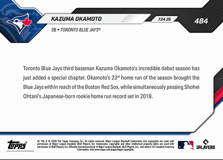 2026 Topps Now Kazuma Okamoto #484 23rd Longball Sets Japanese-Born Home Run Rookie Record Toronto Blue Jays Rookie RC Baseball Card