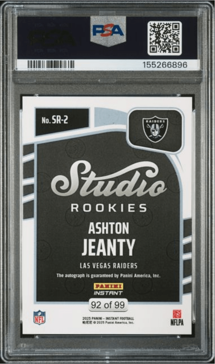 Graded 2025 Panini Instant Ashton Jeanty #SR2 Studio Rookies Auto /99 Rookie RC Football Card Authentic Auto PSA 10 Gem Mint