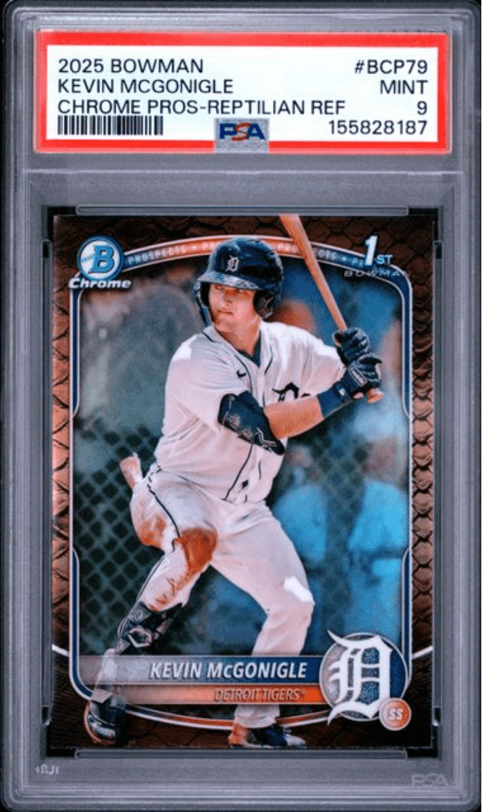 Graded 2025 Topps Bowman Kevin McGonigle #BCP79 Chrome Prospect Reptilian Refractor Rookie RC Baseball Card PSA 9 Mint